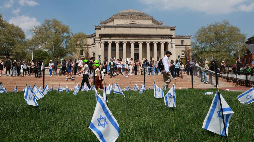 Hundreds of small Israeli flags are seen on a Columbia University Campus lawn back in April. No ...