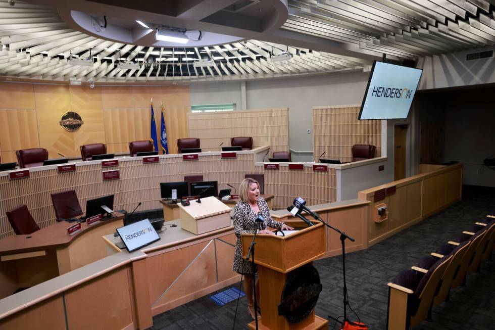 Henderson Mayor Michelle Romero talks to the news media at City Council chamber Tuesday, Sept. ...