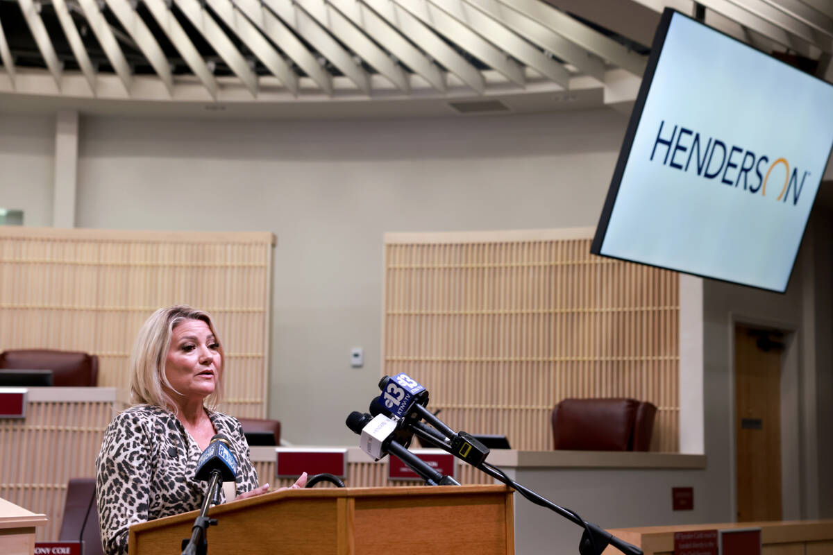 Henderson Mayor Michelle Romero talks to the news media at City Council chamber Tuesday, Sept. ...