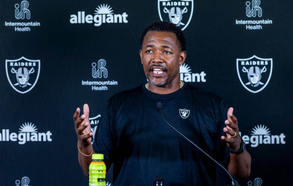 Raiders defensive coordinator Patrick Graham answers a question in a media interview during the ...