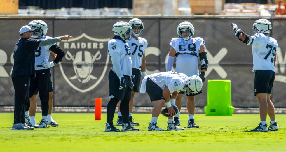 Raiders guard Jackson Powers-Johnson (58) watches a drill during practice at the Intermountain ...