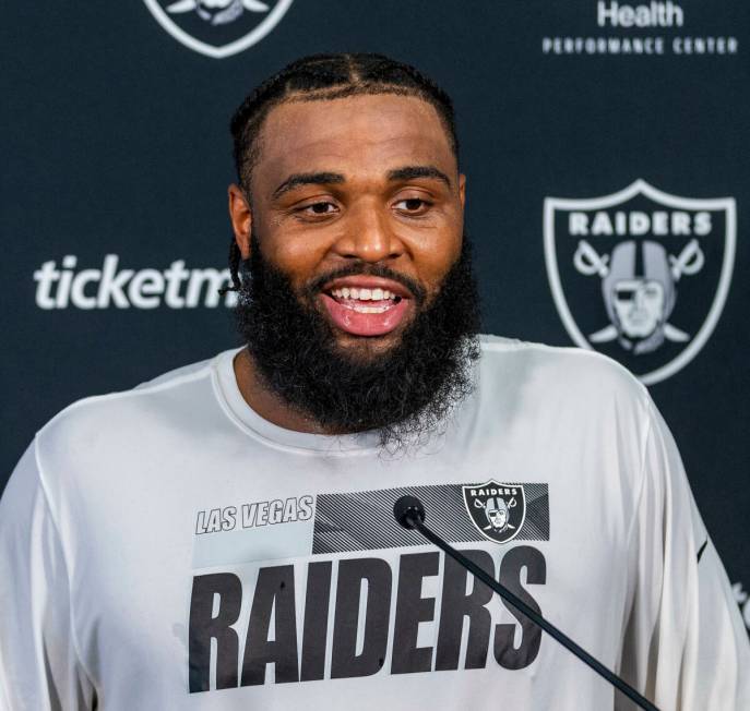 Raiders defensive tackle Christian Wilkins (94) answers a media question following practice at ...