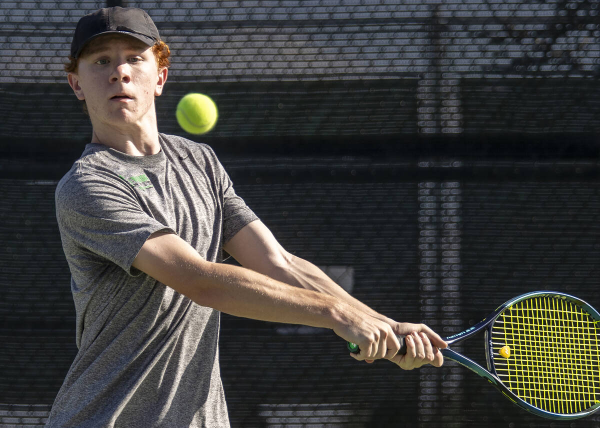 Palo Verde’s Jett Ray competes during the high school tennis matches against Clark at Pa ...