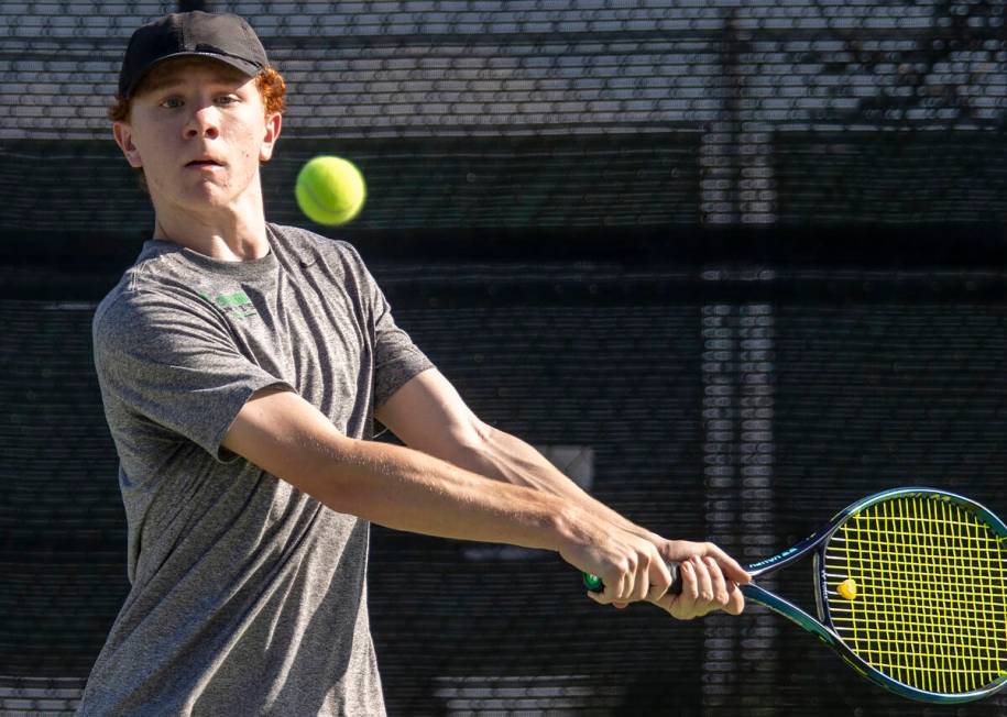 Palo Verde’s Jett Ray competes during the high school tennis matches against Clark at Pa ...