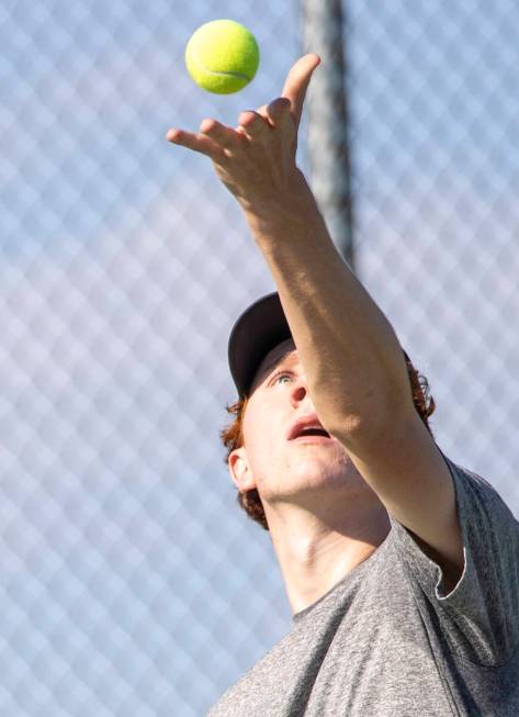 Palo Verde’s Jett Ray competes during the high school tennis matches against Clark at Pa ...