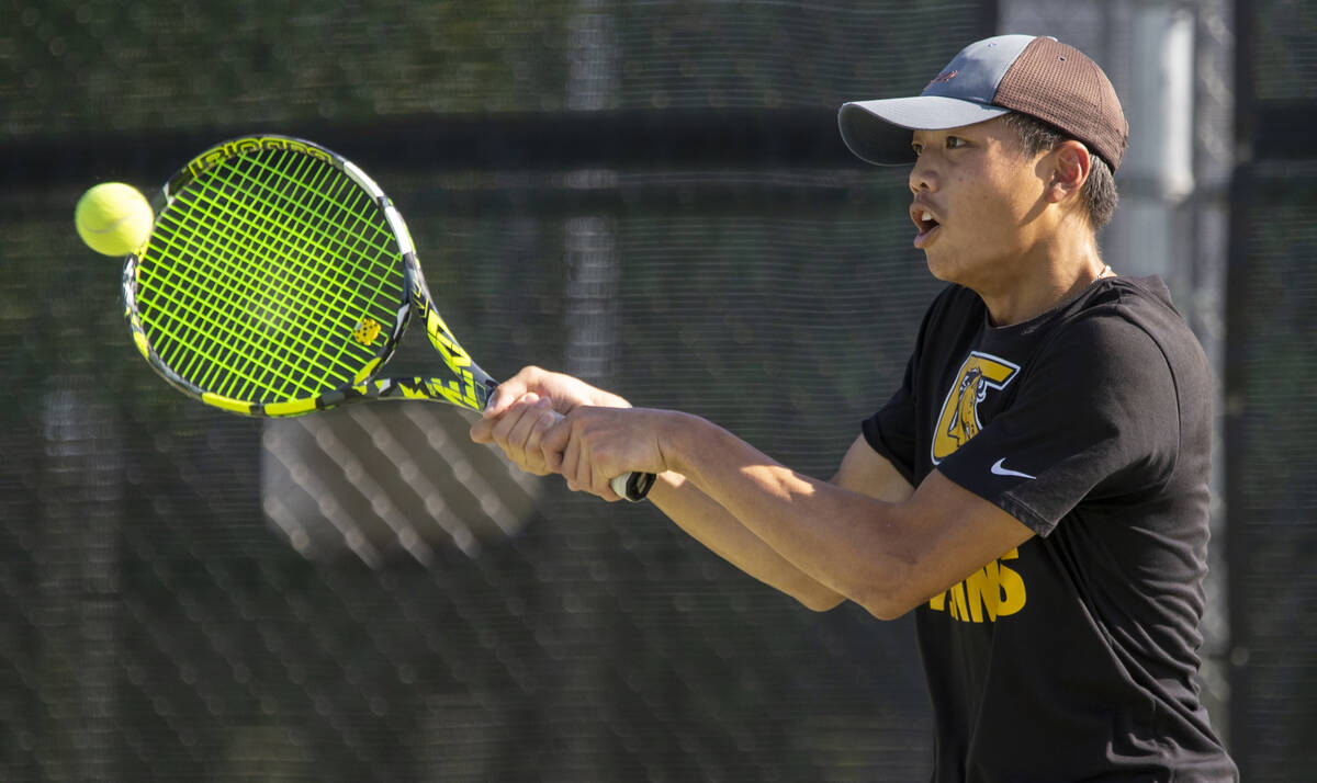 Clark senior Jayden Hong competes during the high school tennis matches against Palo Verde at P ...