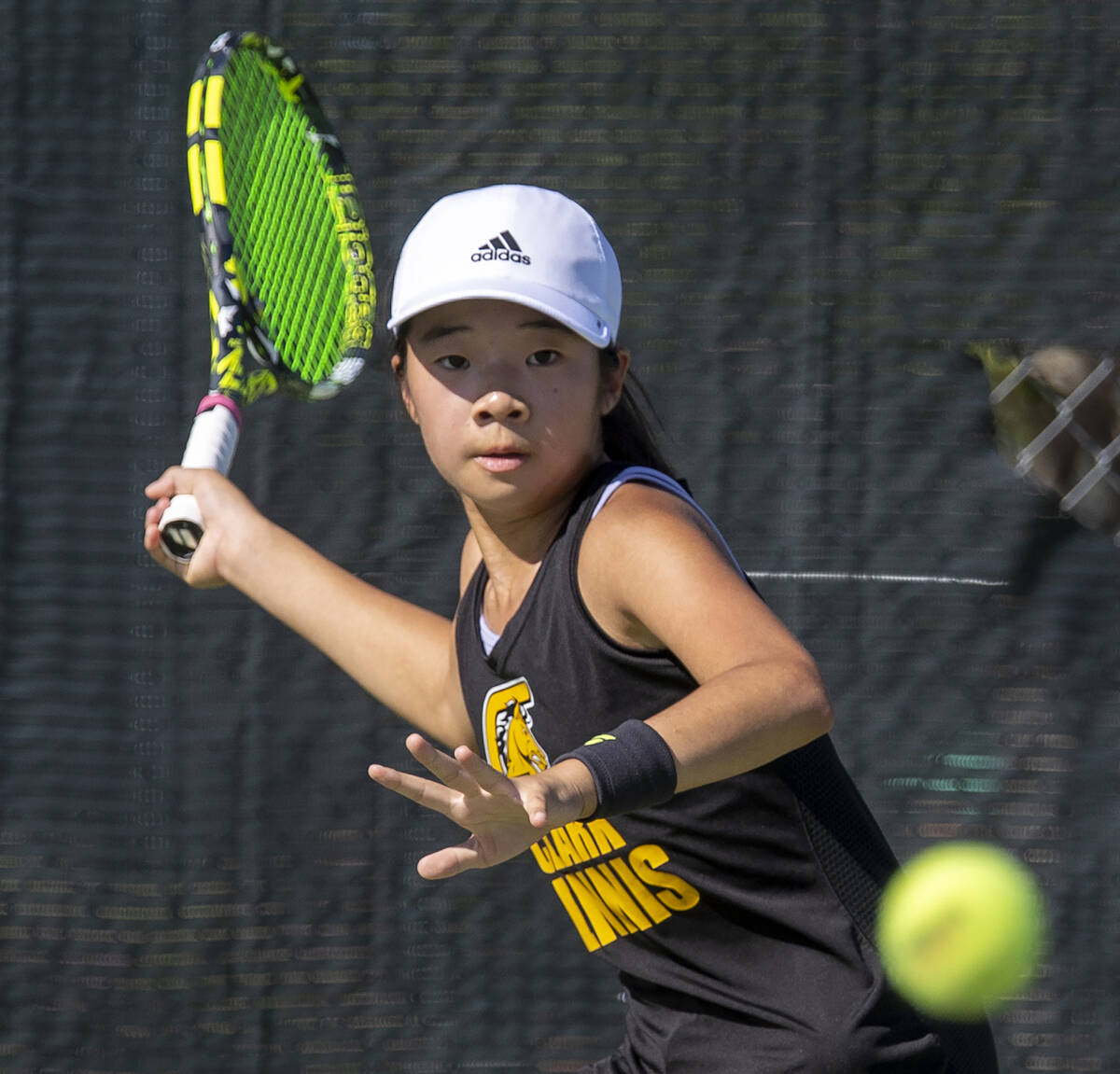 Clark freshman Jane Lee competes during the high school tennis matches against Palo Verde at Pa ...