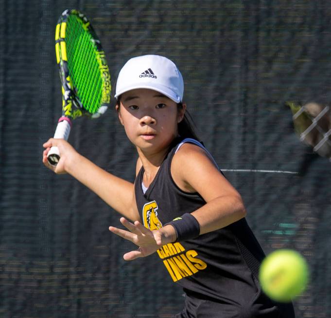 Clark freshman Jane Lee competes during the high school tennis matches against Palo Verde at Pa ...