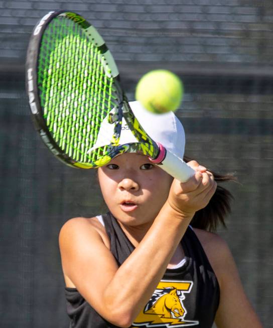 Clark freshman Jane Lee competes during the high school tennis matches against Palo Verde at Pa ...