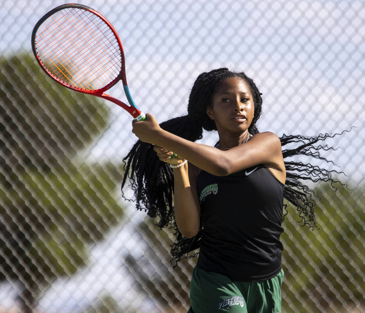 Palo Verde’s Nicole Perrin competes during the high school tennis matches against Clark ...