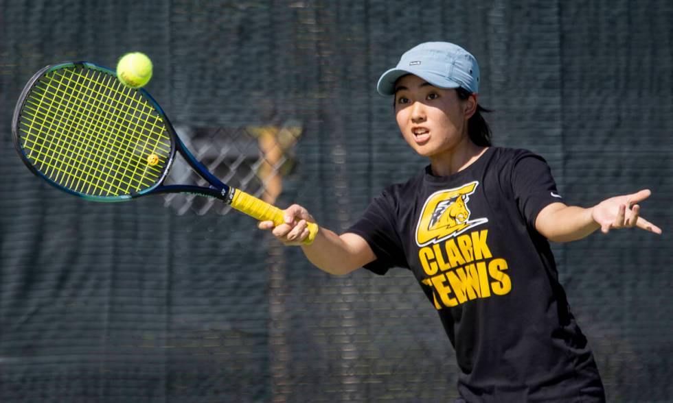 Clark freshman Ayaka Sugai competes during the high school tennis matches against Palo Verde at ...