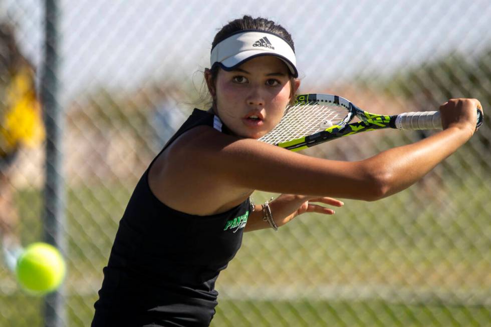 Palo Verde’s Addison Lee competes during the high school tennis matches against Clark at ...