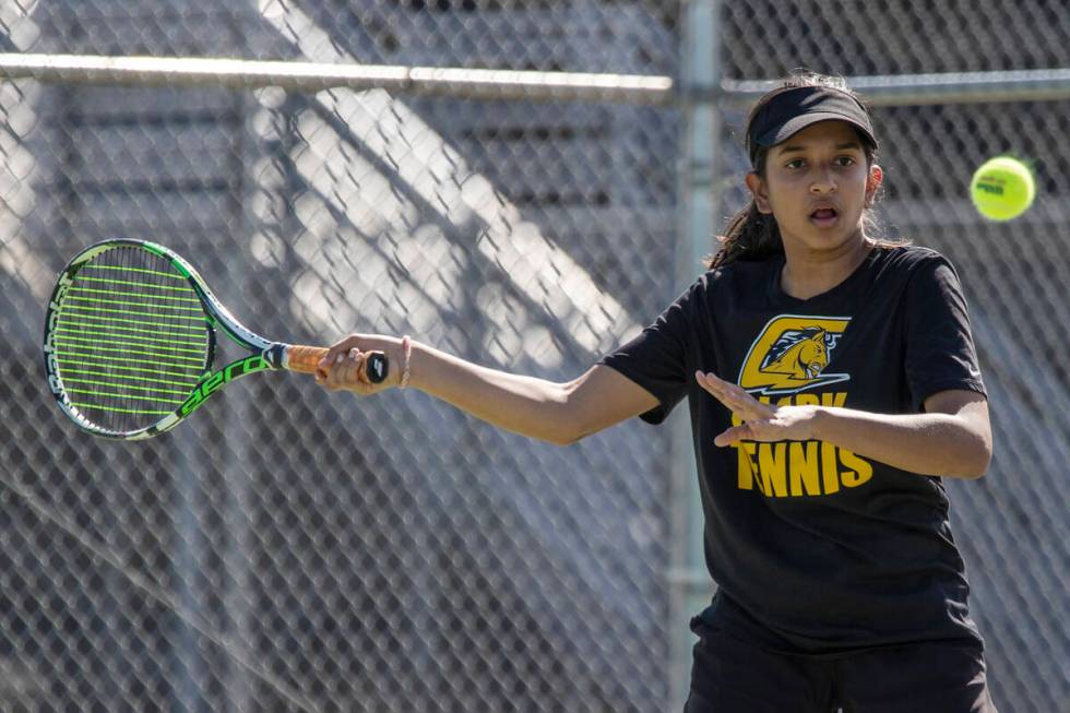 Clark sophomore Svaya Sali competes during the high school tennis matches against Palo Verde at ...