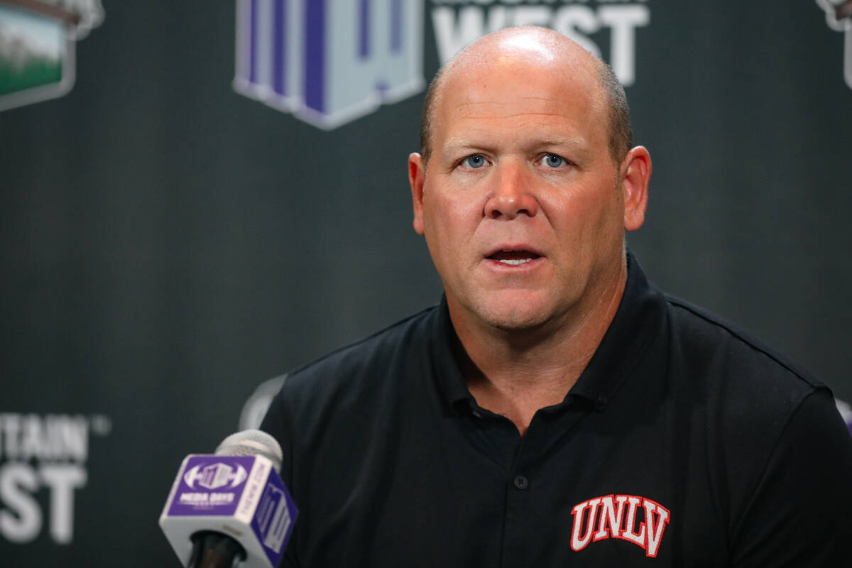 UNLV football coach Barry Odom addresses the media on the second day of the Mountain West Footb ...