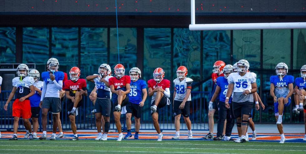 Bishop Gorman players stretch during football practice on Tuesday, Sept. 03, 2024, in Las Vegas ...