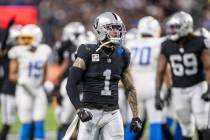 Raiders safety Marcus Epps (1) flexes after a defensive play during the first half of an NFL ga ...