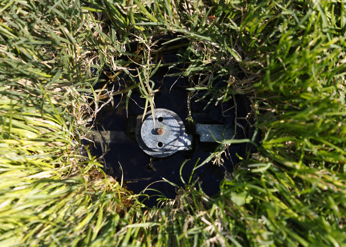 A sprinkler is seen at Boulder City Golf Course, on Thursday, Sept. 5, 2024. (Bizuayehu Tesfaye ...