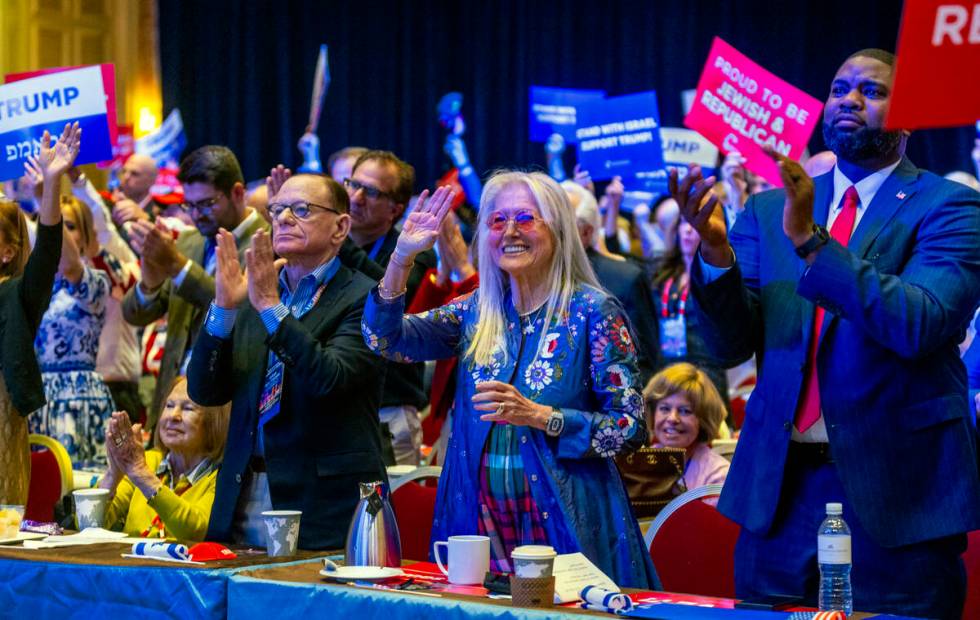 Dr. Miriam Adelson waves to former-President Donald Trump speaking via telecast during the Repu ...