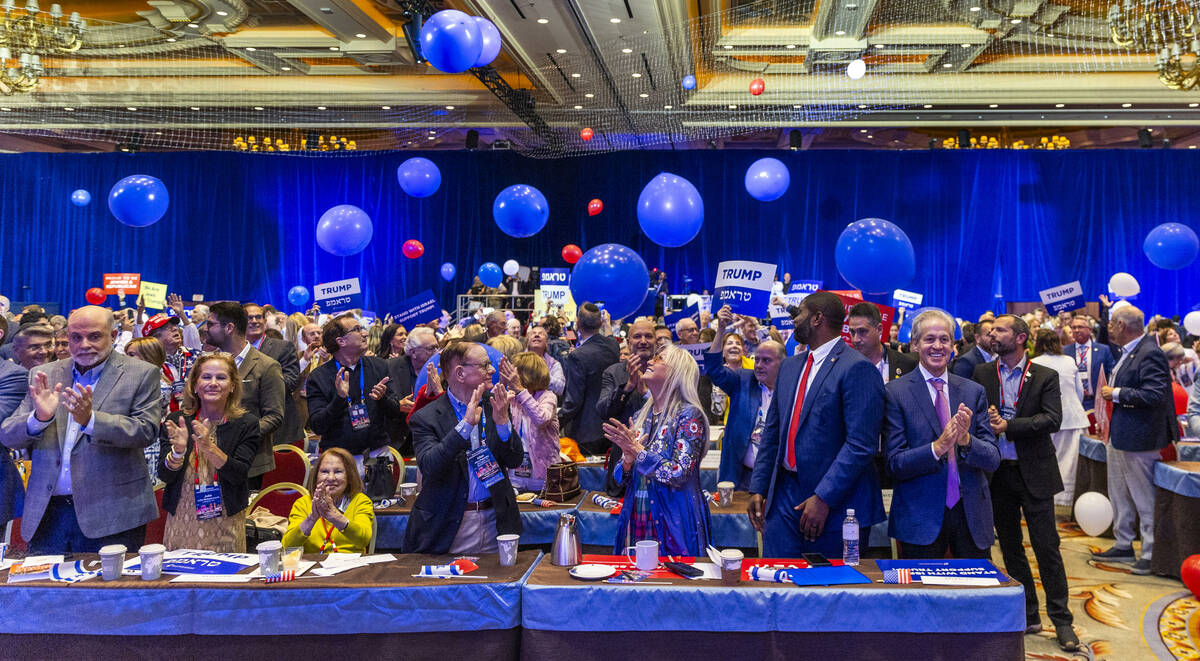 Dr. Miriam Adelson watch balloons come down following former-President Donald Trump speaking vi ...