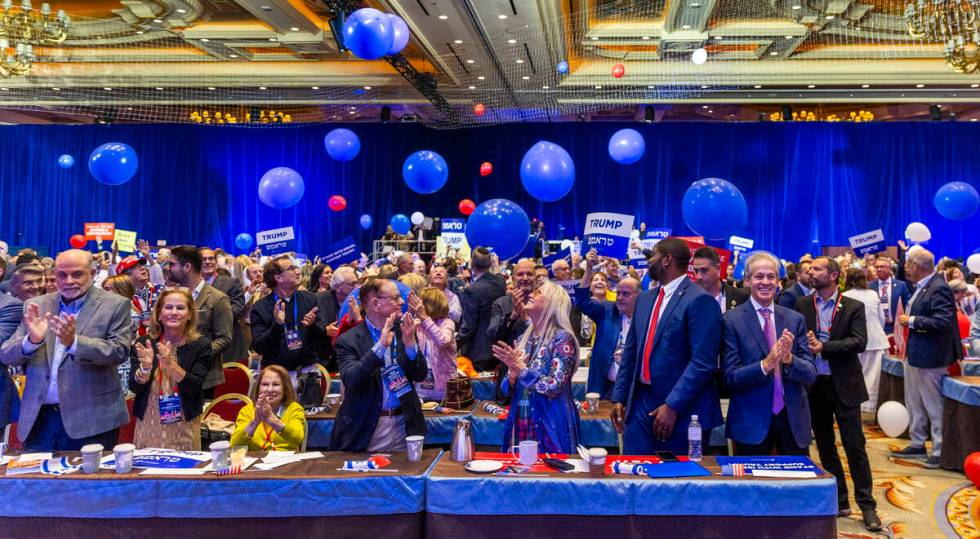 Dr. Miriam Adelson watch balloons come down following former-President Donald Trump speaking vi ...