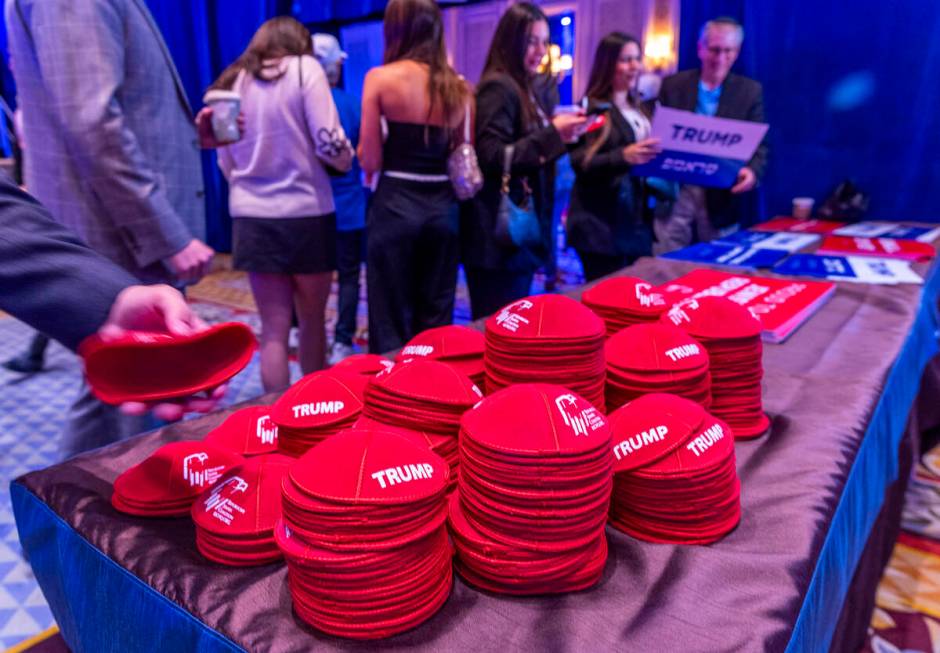 Stacks of yarmulke are available for the taking stamped with Trump and the Republican Jewish Co ...