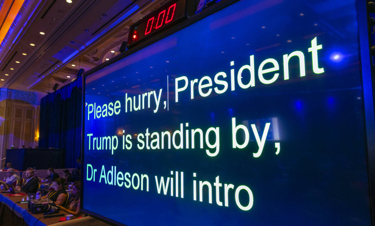 A teleprompter flashes a message to a speaker during the Republican Jewish Coalition’s a ...