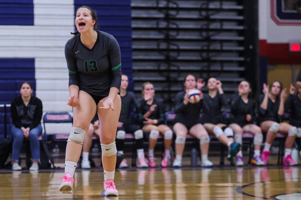 Palo verde opposite hitter Lindsey Rossnagel celebrates a point going to Palo Verde during a v ...