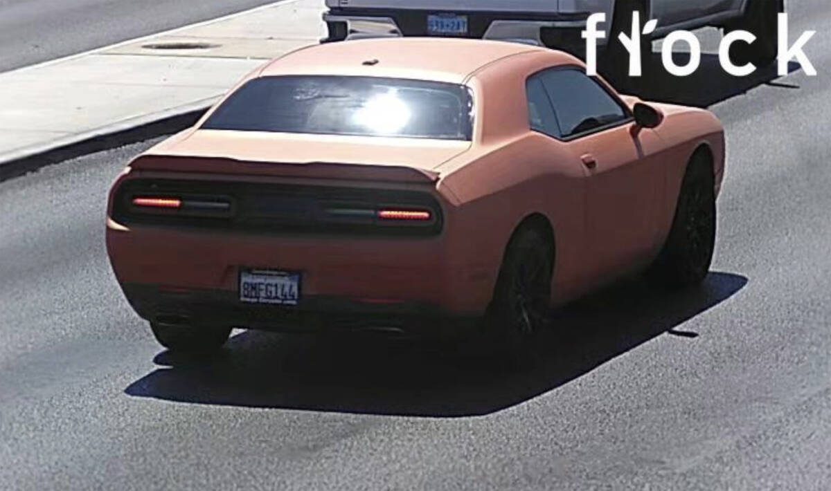 An orange 2015 Dodge Challenger bearing California plate 8MFG144, fled from the Aug. 28, 2024, ...