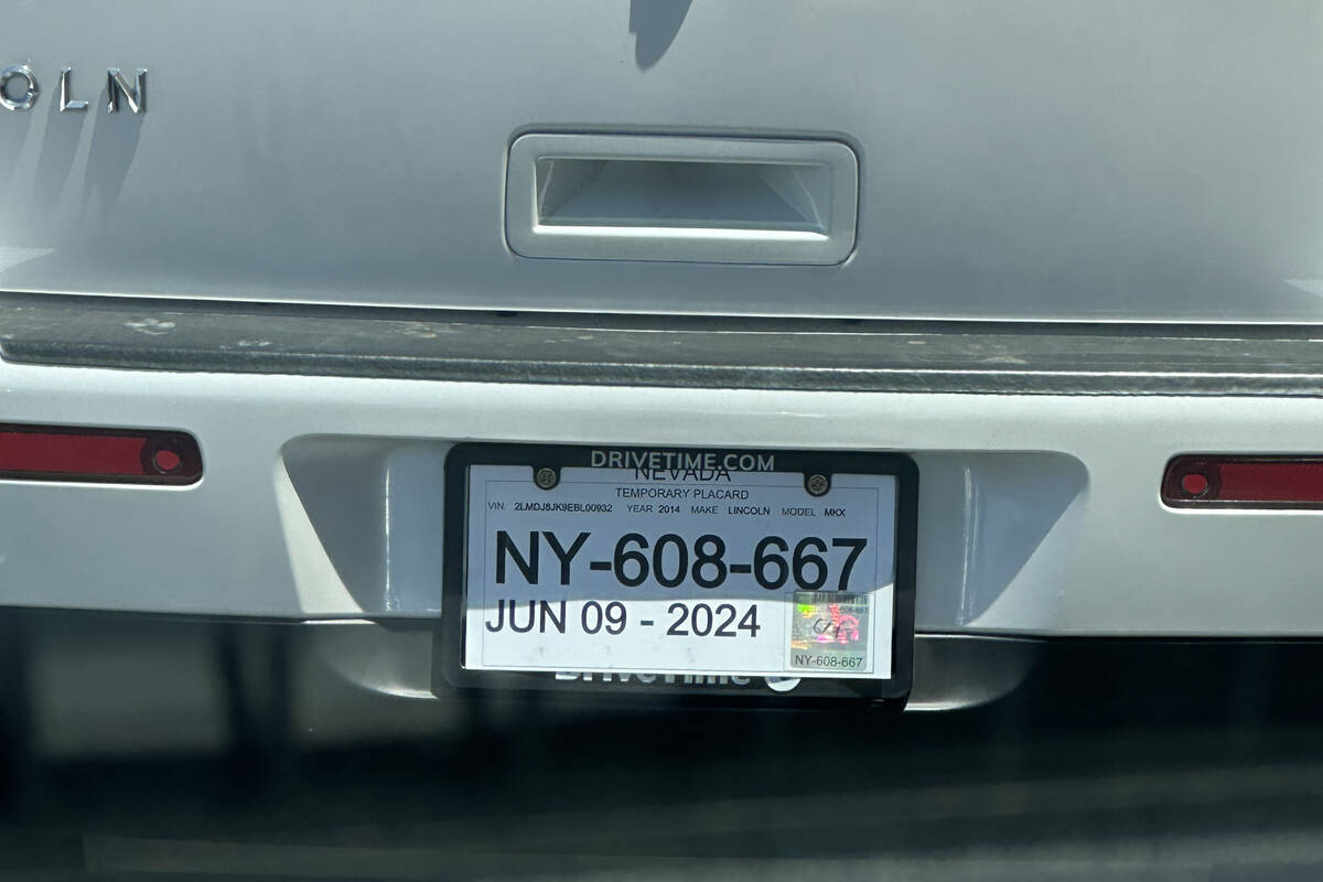 A car with temporary plates which expired June 9, 2024, is seen June 17, 2024, in Las Vegas. (S ...