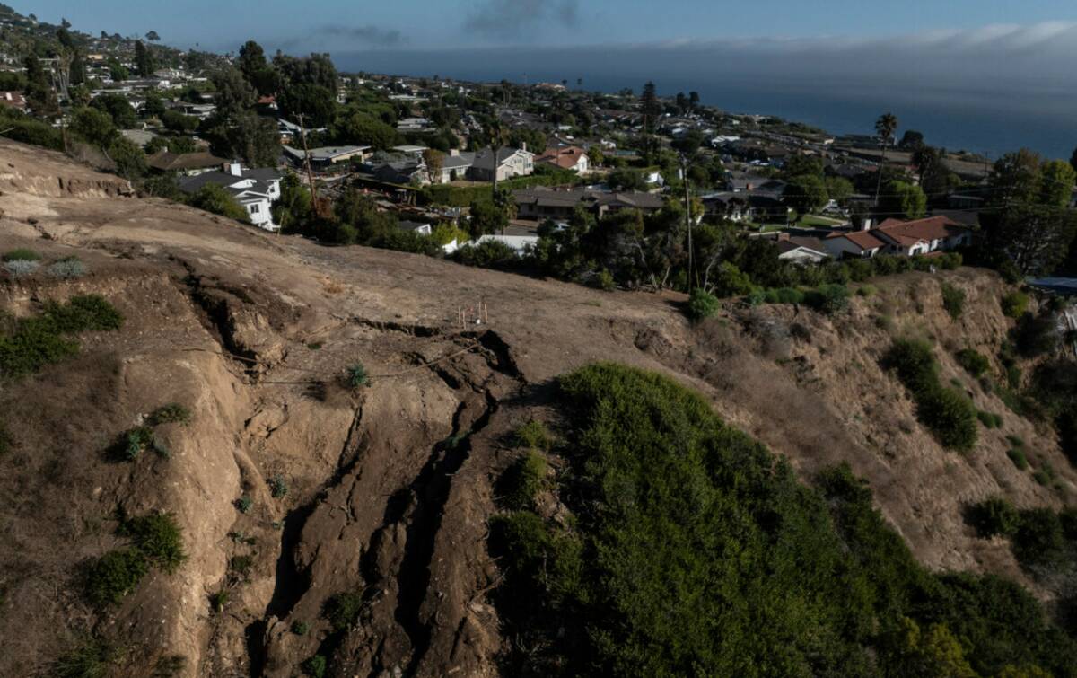 An aerial view shows a collapsed hillside due to ongoing landslides in Rancho Palos Verdes, Cal ...