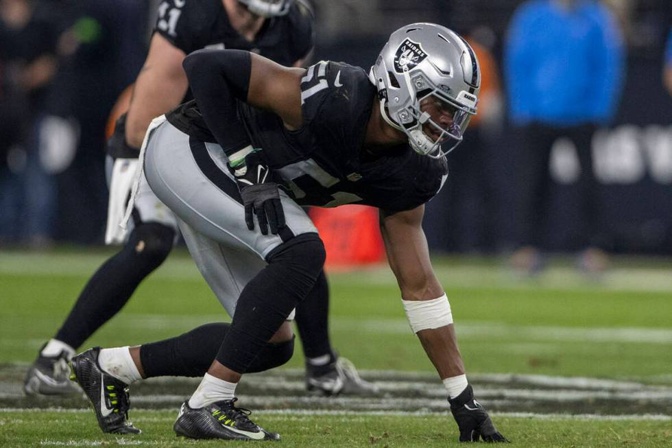 Raiders defensive end Malcolm Koonce (51) sets on the line of scrimmage during the second half ...