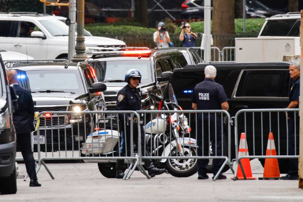 Former President Donald Trump's motorcade arrives to the New York Federal Court, Friday, Sept. ...