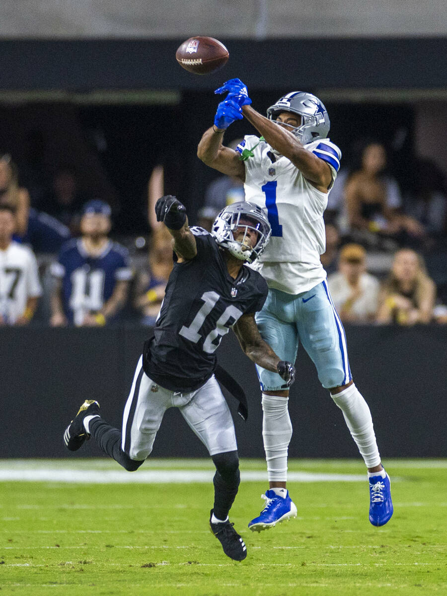 Raiders cornerback Jack Jones (18) breaks up a pass to Dallas Cowboys wide receiver Jalen Tolbe ...