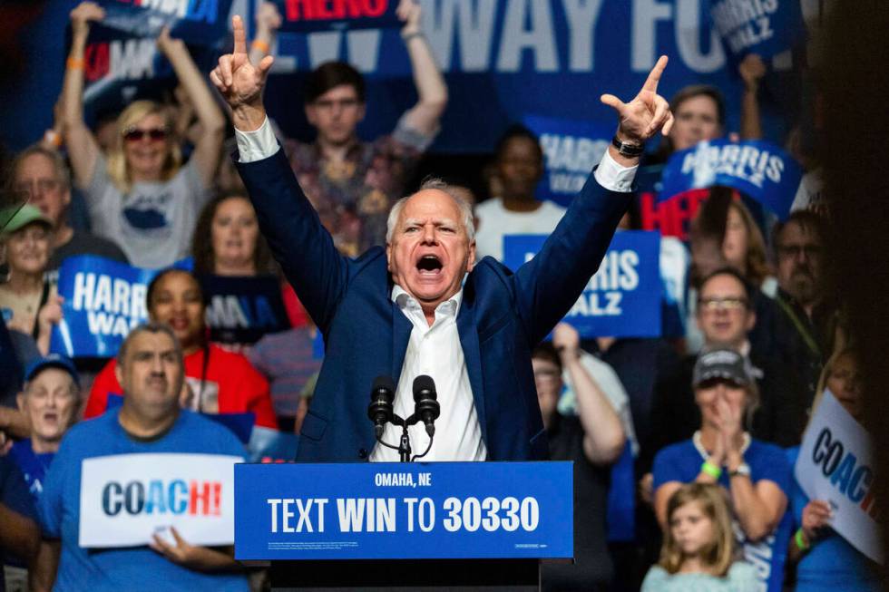 Democratic vice presidential nominee Minnesota Gov. Tim Walz speaks at a campaign rally, Saturd ...