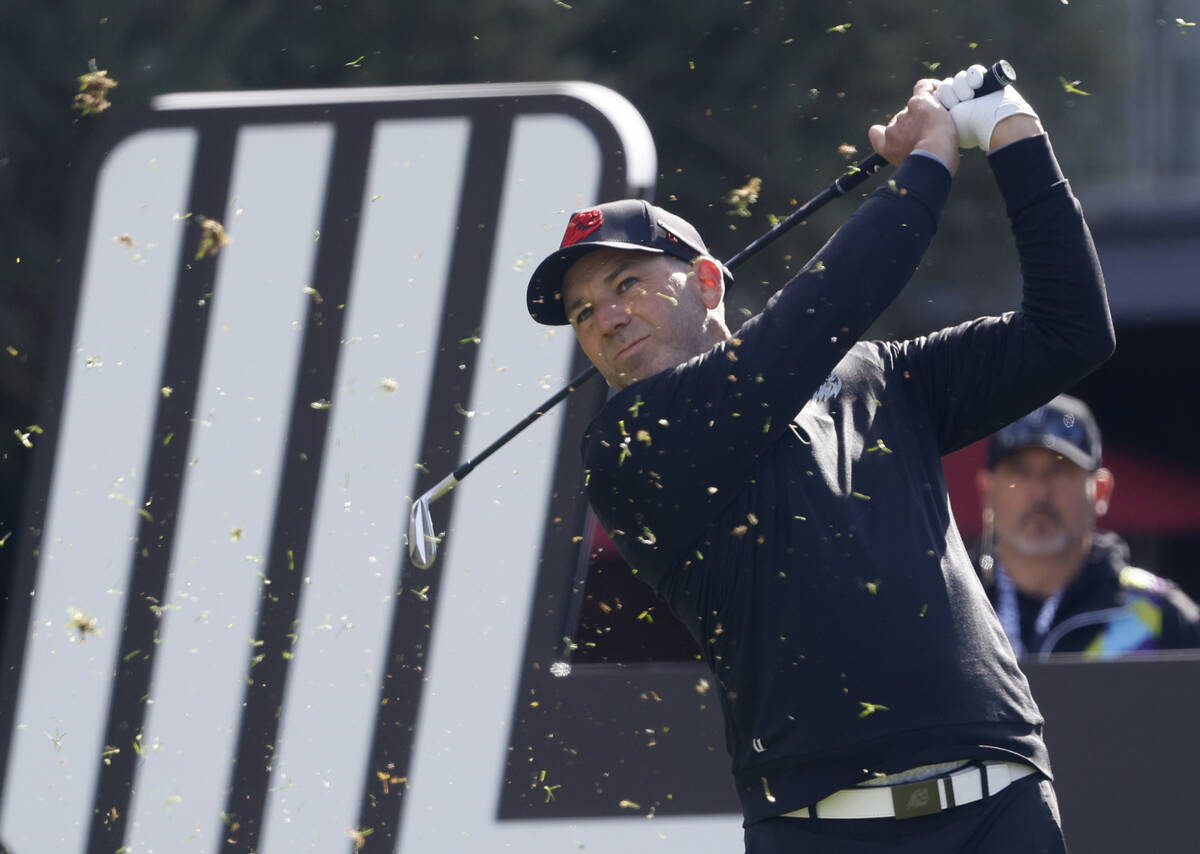 Sergio Garcia of team Fireballs GC drives off the tee during the first round of LIV Golf Las Ve ...