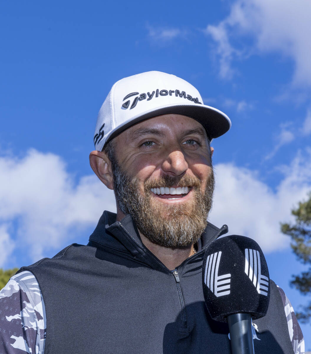 Dustin Johnson talks about his win during the final round of the LIV Golf tournament at the Las ...