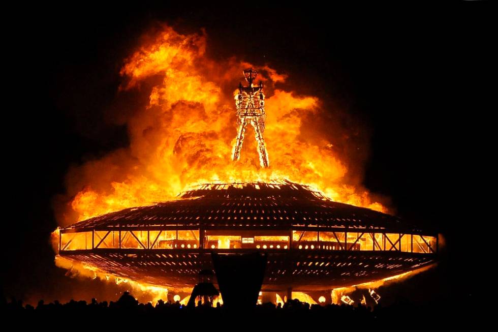 The "Man" burns on the Black Rock Desert at Burning Man near Gerlach on Aug. 31, 2013. A nurse ...