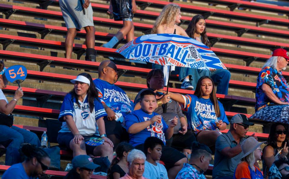 Bishop Gorman fans stay cool under an umbrella as they face Mater Dei during the first half of ...