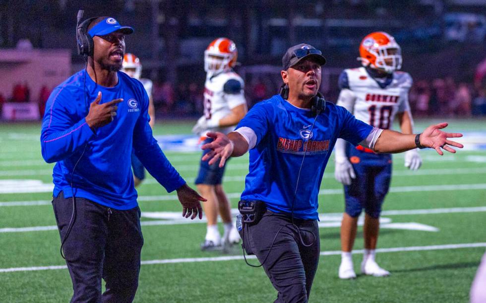 Bishop Gorman head coach Brent Browner argues that Mater Dei was intercepted in the end zone du ...