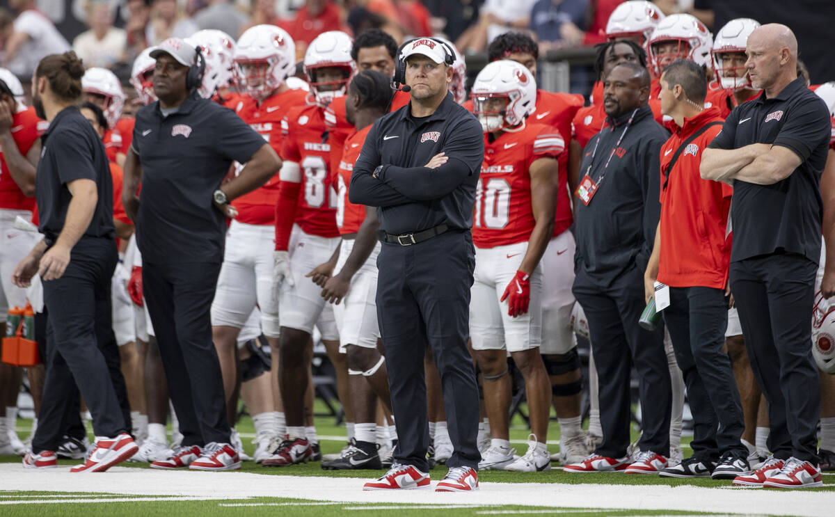 UNLV head coach Barry Odom watches the play during the college football game against Utah Tech ...