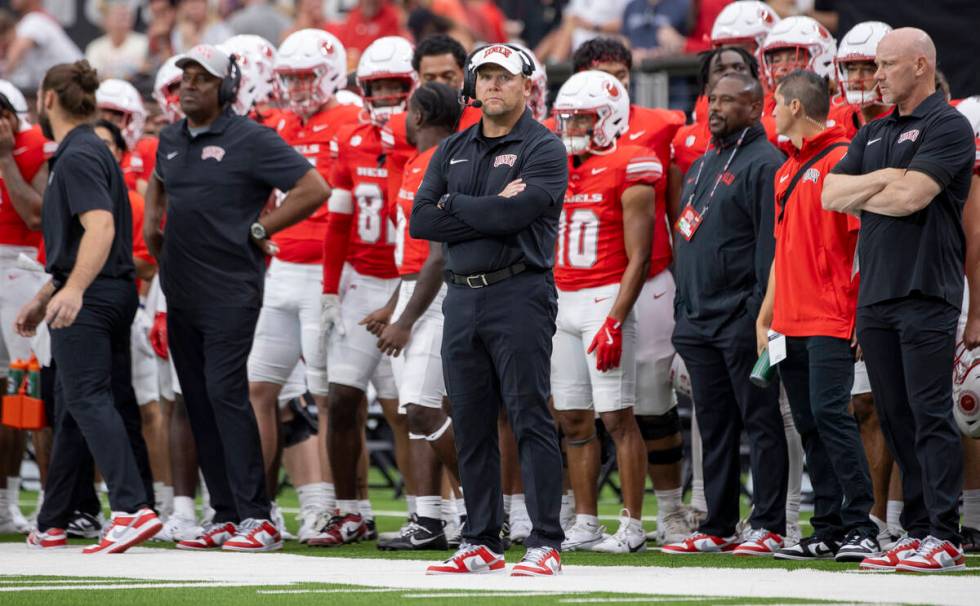 UNLV head coach Barry Odom watches the play during the college football game against Utah Tech ...