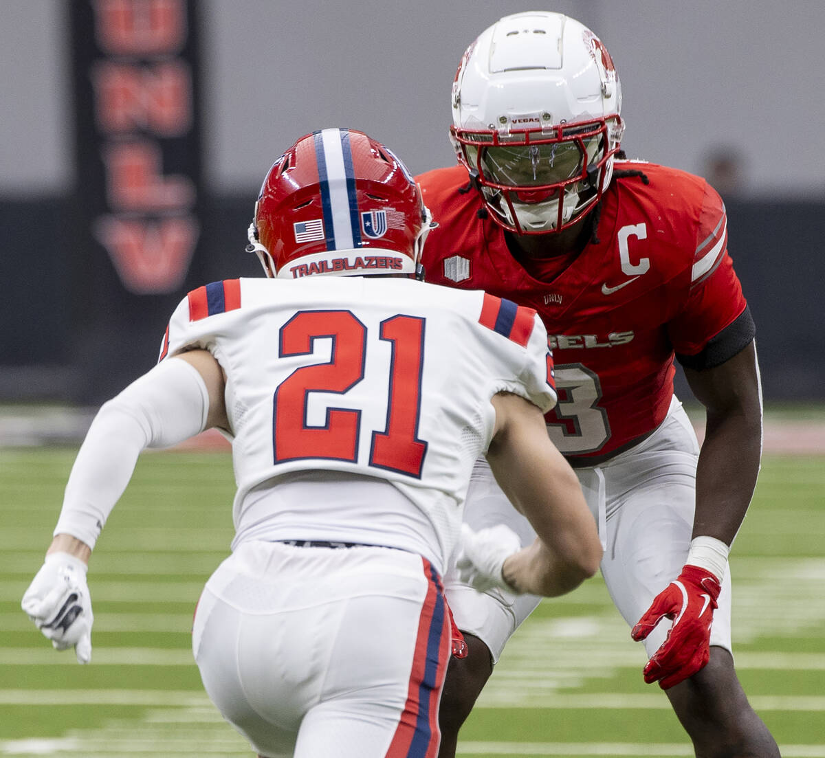 UNLV defensive back Johnathan Baldwin (3) guards Utah Tech wide receiver Tru Tanner (21) during ...