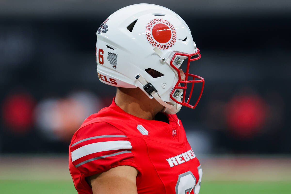 A UNLV throwback helmet is seen during an NCAA football game between UNLV and Utah Tech at Alle ...