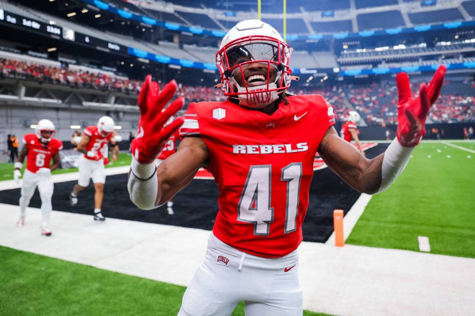 UNLV Rebels defensive back Rashod Tanner (41) celebrates during an NCAA football game between U ...