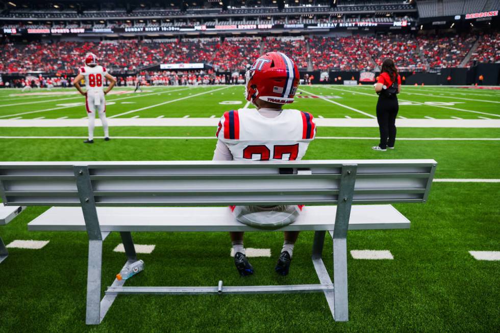 Utah Tech Trailblazers place kicker Ilya Uvaydov (27) sits on the bench during an NCAA football ...