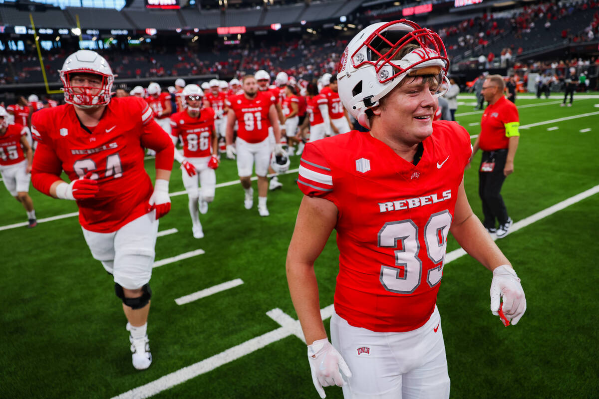 UNLV linebacker JT Odom (39) exits the field after a 72-14 win over Utah Tech at Allegiant Stad ...