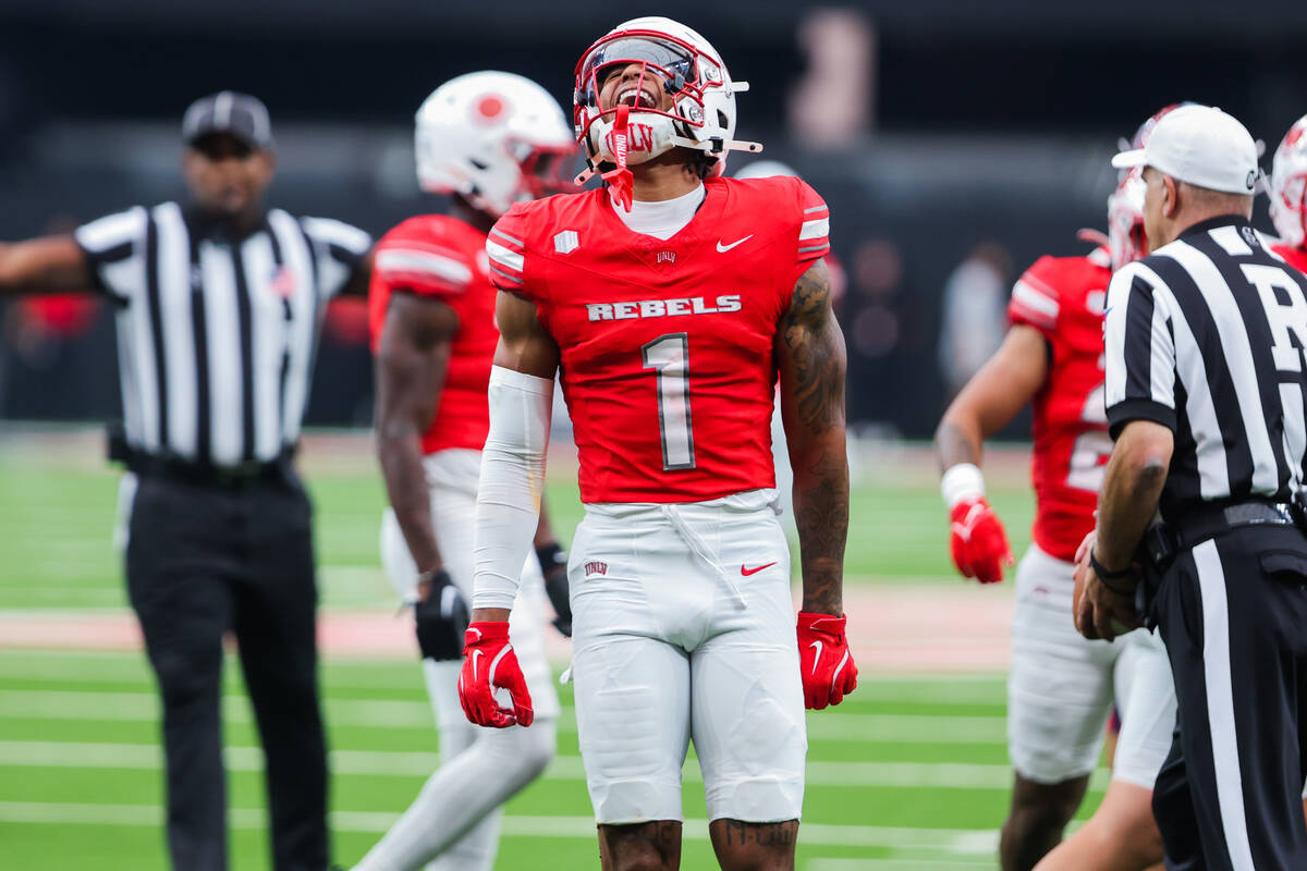 UNLV wide receiver Casey Cain (1) celebrates during an NCAA football game between UNLV and Utah ...