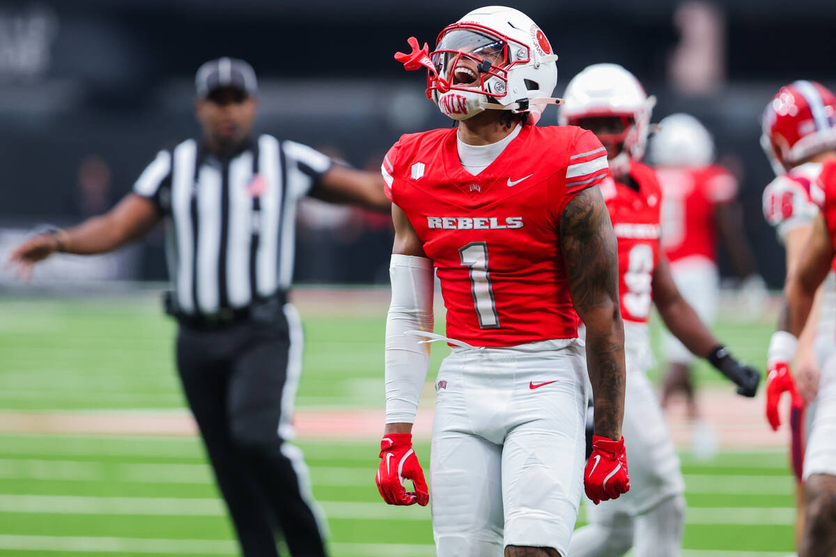 UNLV wide receiver Casey Cain (1) celebrates during an NCAA football game between UNLV and Utah ...