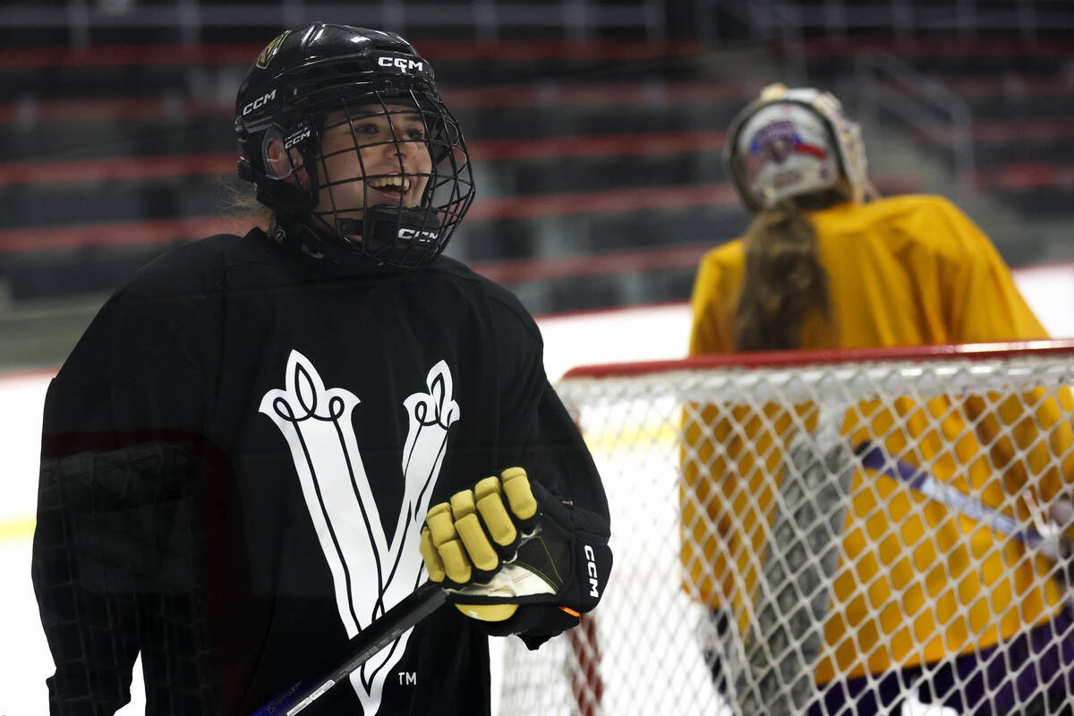 Vegas Jr. Golden Knights 14U Girls team players skate during practice at America First Center o ...