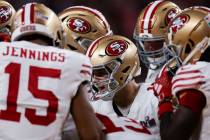 San Francisco 49ers quarterback Brock Purdy huddles with teammates during the first half of Sup ...